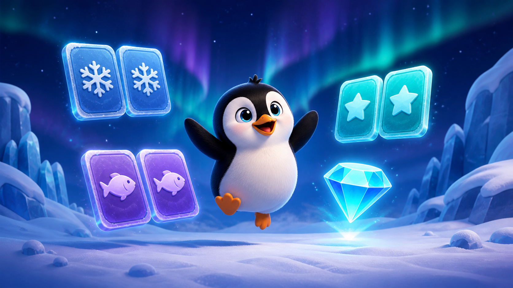 Pinguim jogando a missão Memória Polar com pares de cartas e diamante